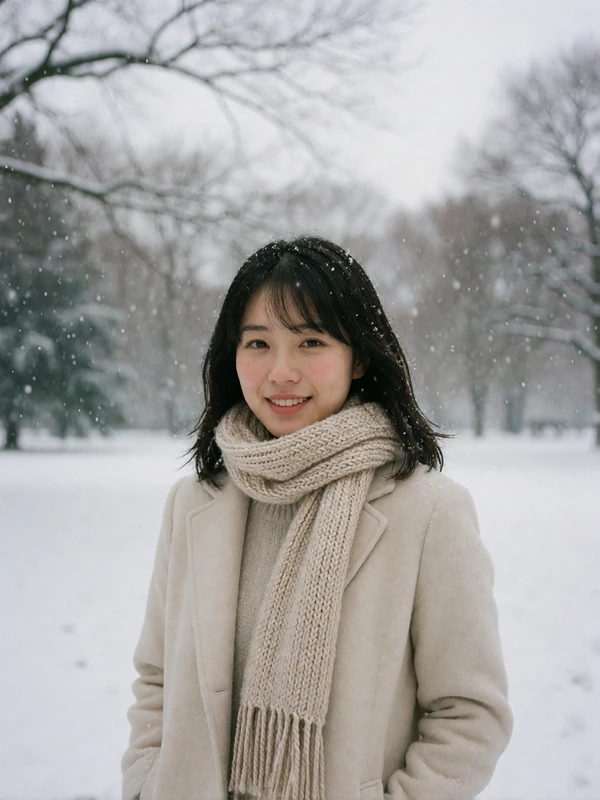 Japanese woman in a cream wool coat and knit scarf standing in a quiet snow-dusted park in Sapporo