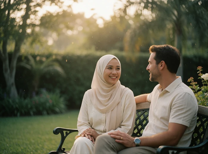 Bruneian woman and Western man seated together on a garden bench in relaxed conversation