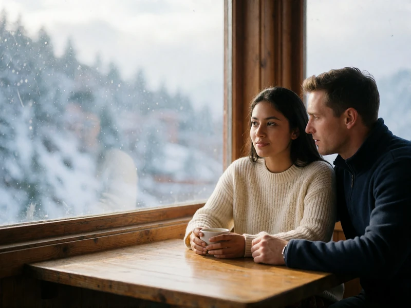 Nepali woman in a cream knit sweater and Western man seated together at a wooden table in a mountain teahouse
