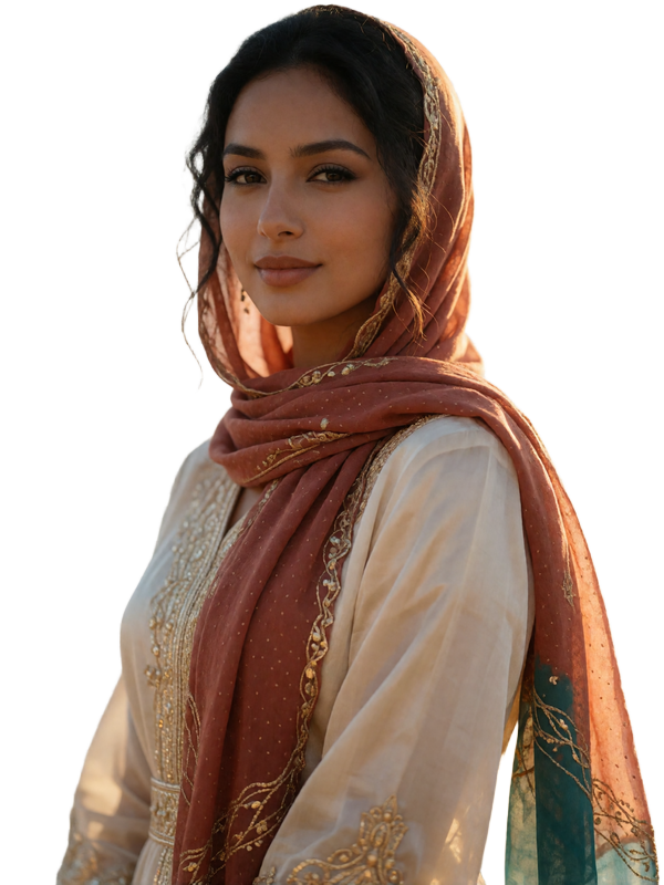 Yemeni woman in a warm terracotta headscarf and cream dress with a confident poised smile