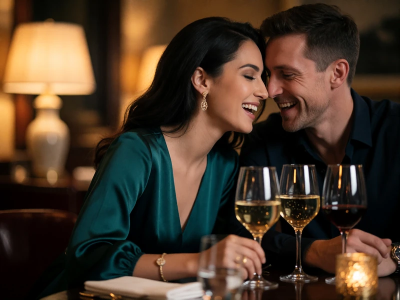 Jordanian woman and Western man laughing together at a fine dining table