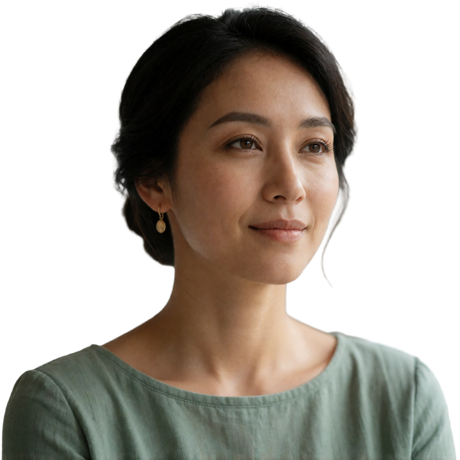 Indonesian woman around thirty in a sage-green top with a thoughtful gentle smile