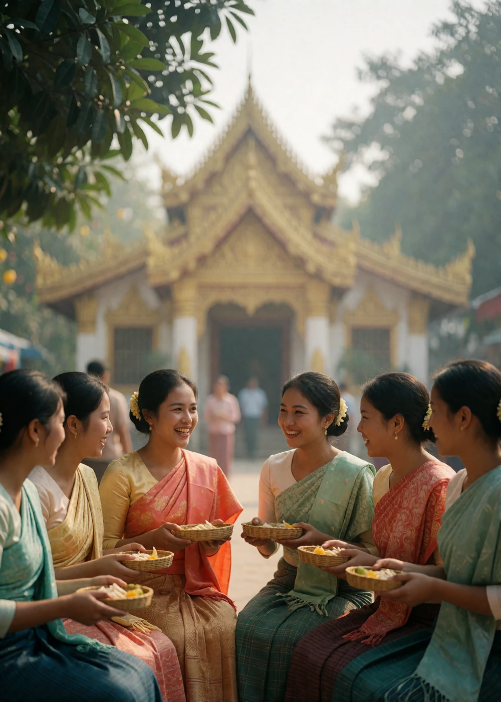 Group of Burmese women in colourful traditional dress sharing a joyful moment at a community festival