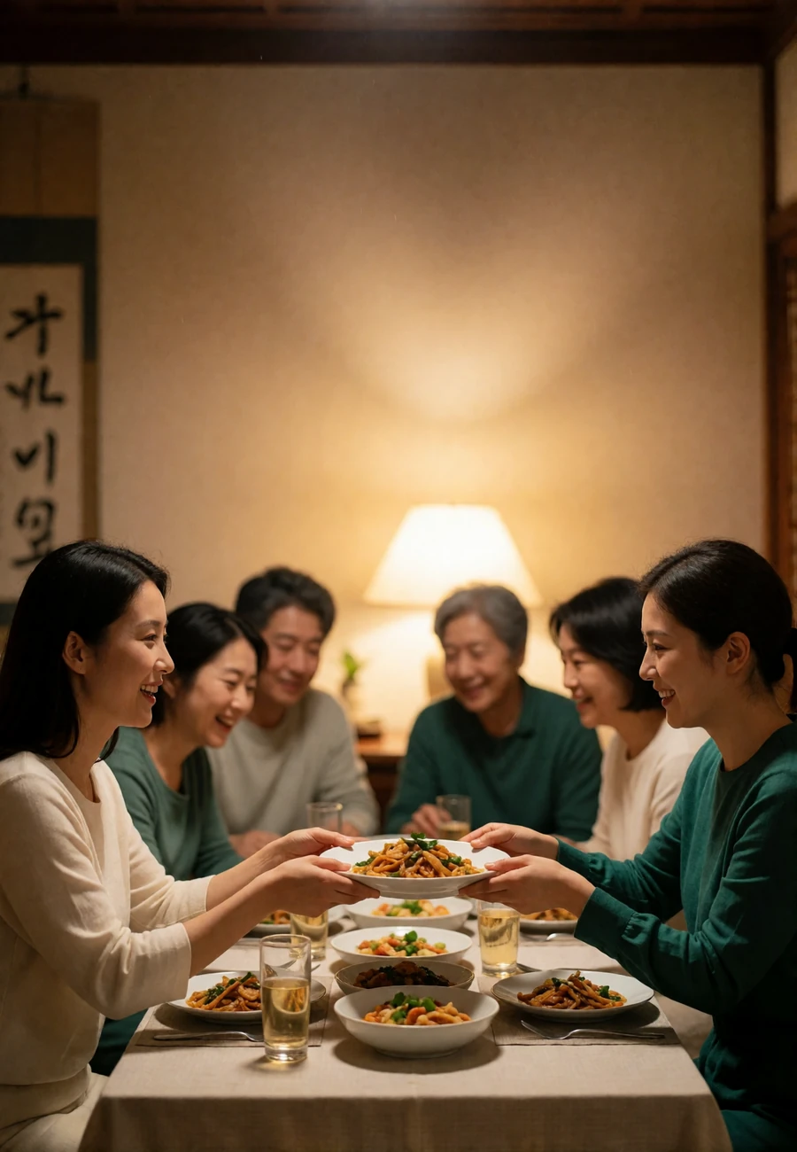 Korean family sharing a meal around a low table in a warm traditional home, two women passing dishes and smiling
