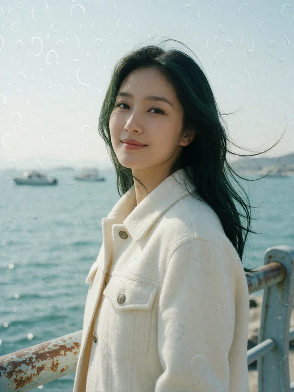 Korean woman in her early thirties in a cream jacket near a seafront railing