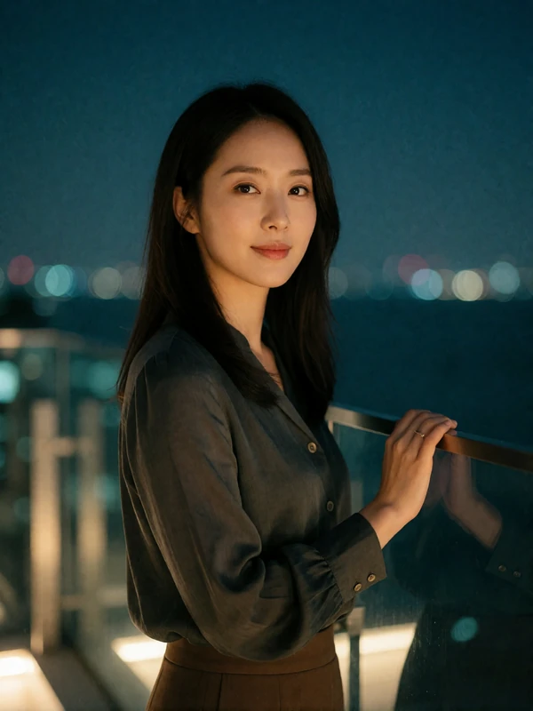 Korean woman in an elegant dark blouse on a terrace at blue hour resting a hand on a railing