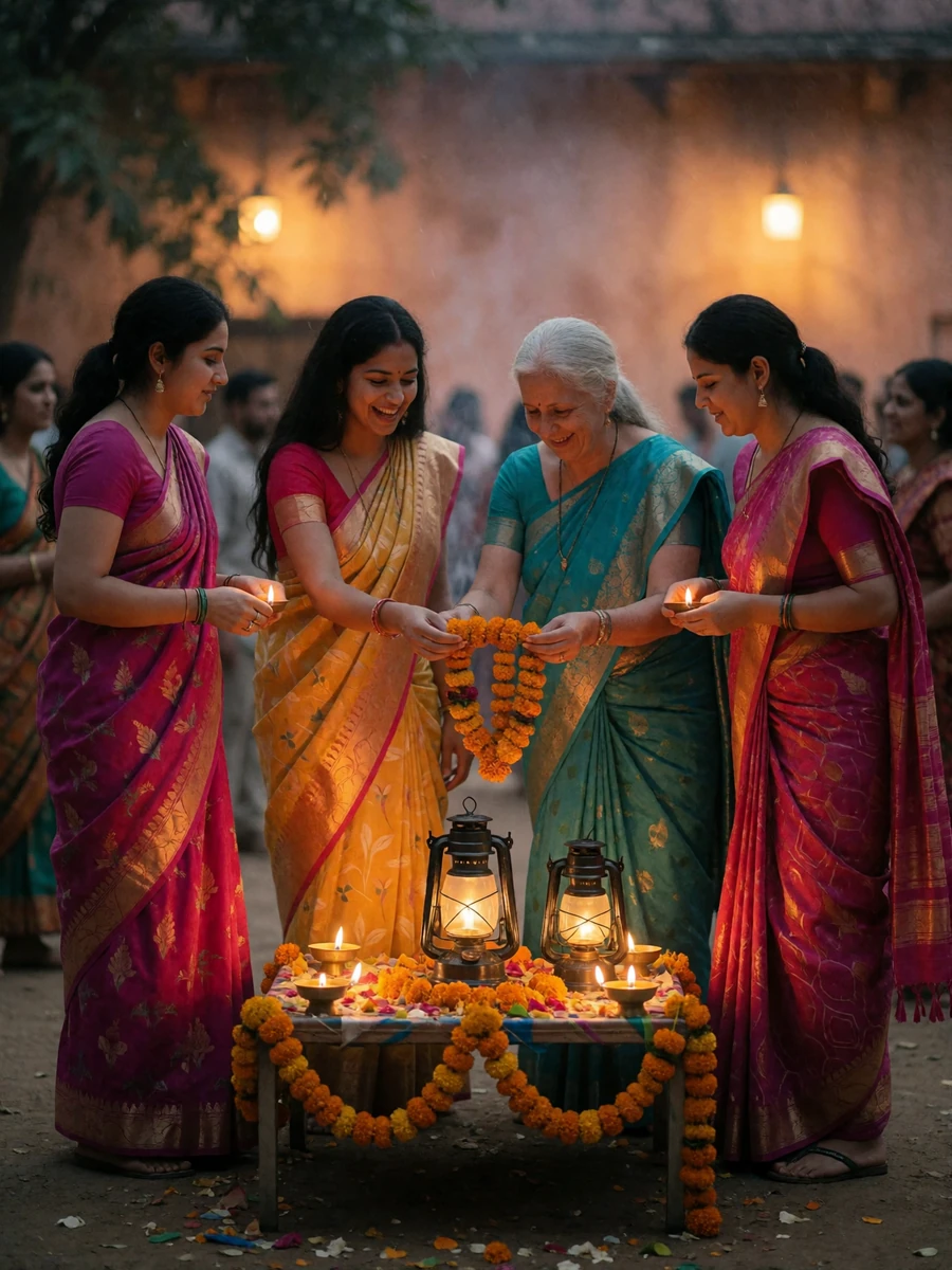 Group of Indian women in colourful sarees arranging oil lamps and marigold garlands together during a festival gathering