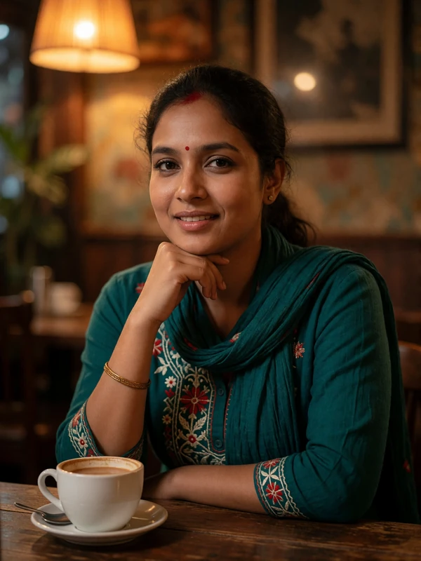 Bangladeshi woman resting her chin on her hand at a quiet café table in warm lamplight