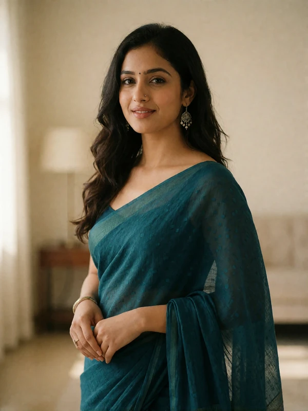Indian woman in her late twenties in a deep teal saree smiling gently in a bright room