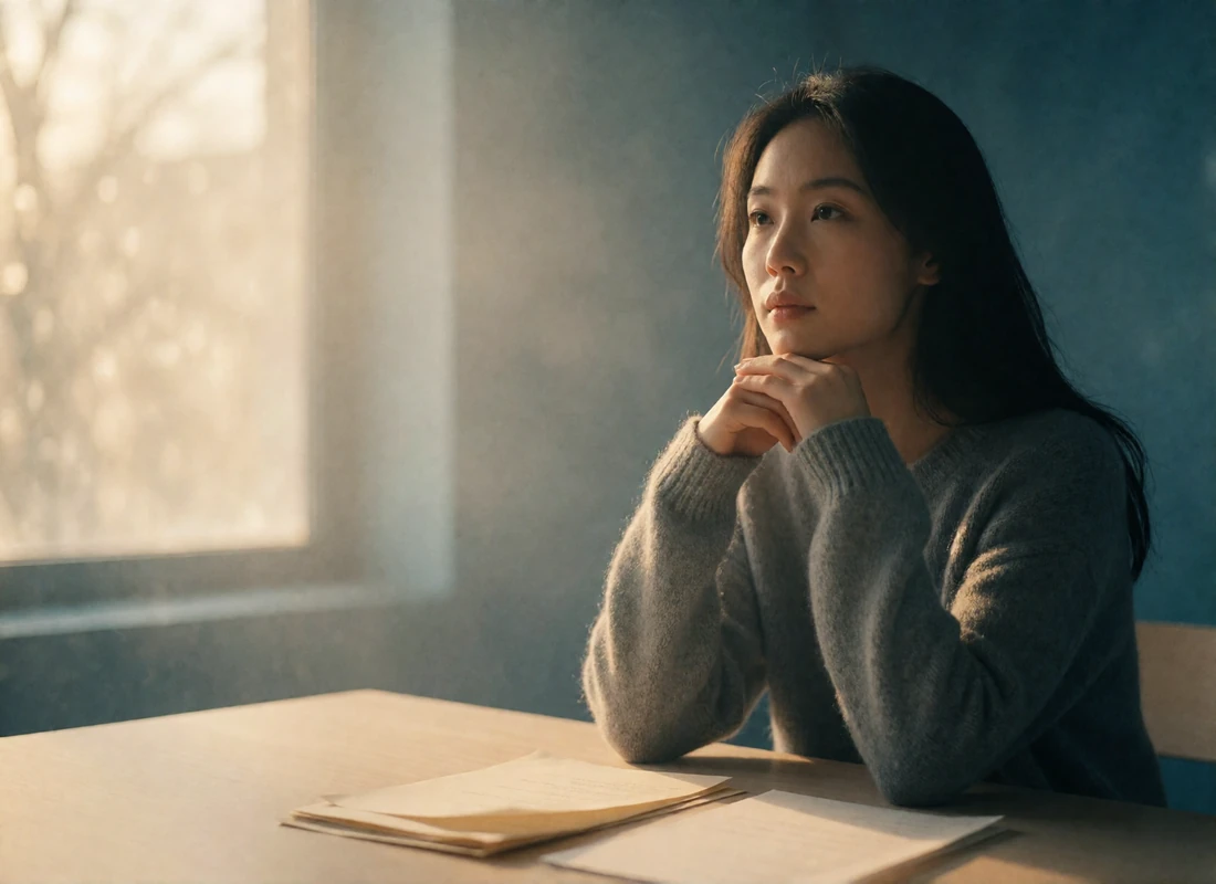 East Asian woman in a soft grey knit sweater sitting calmly at a pale wooden desk near a window