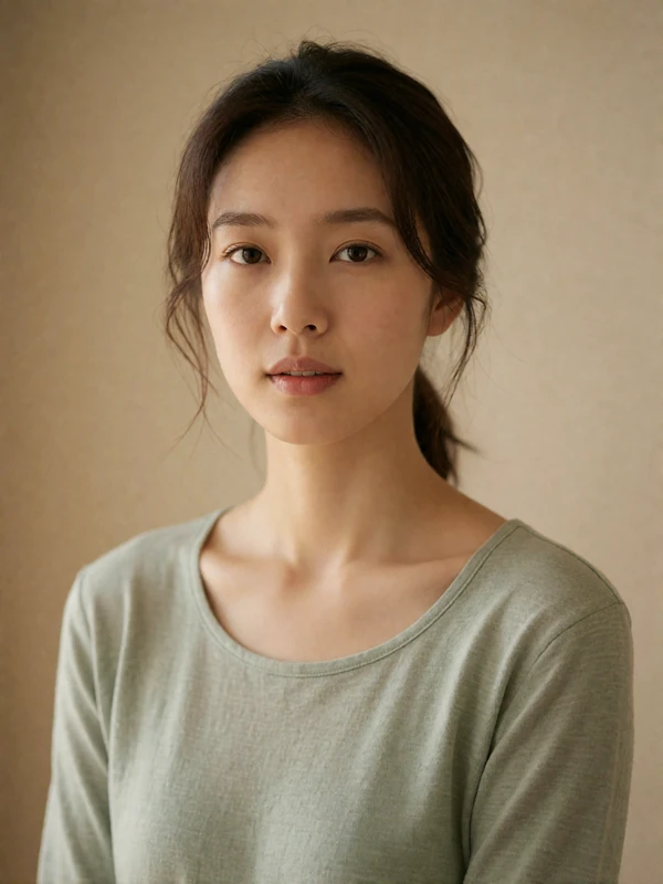Korean woman with hair loosely tied back in a simple sage top against a plain warm wall