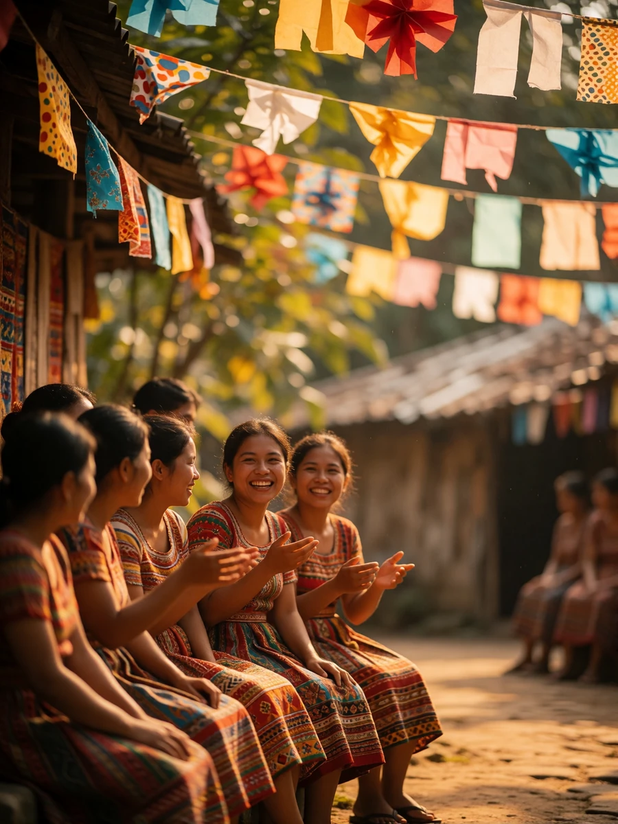 Filipino women in traditional festival dress sharing a joyful moment in a village courtyard under colourful decorations