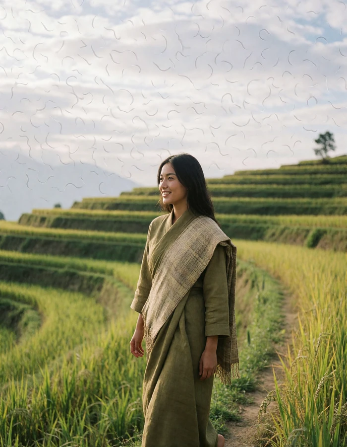 Bhutanese woman in an olive linen wrap walking along a path between terraced green fields