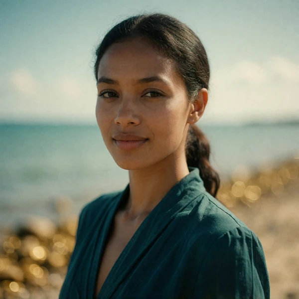 Timorese woman in her early thirties near an open shoreline with a calm, assured expression