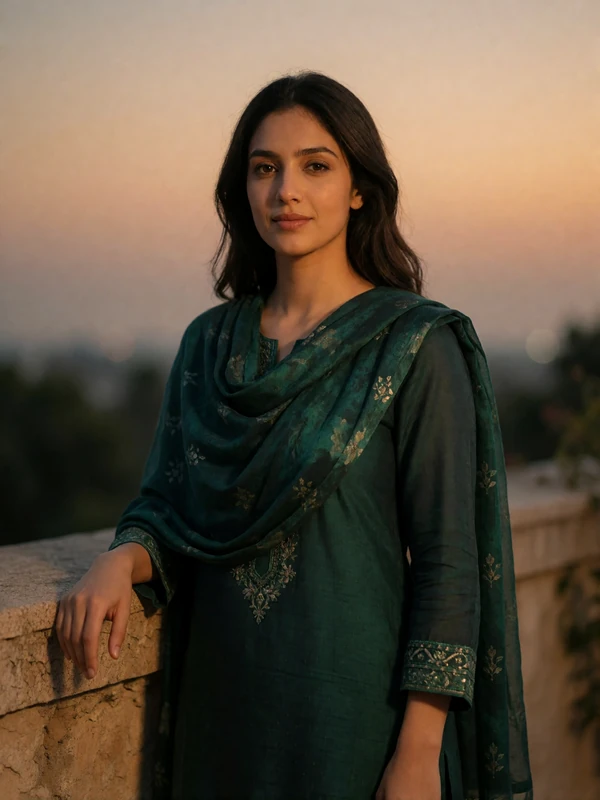 Pakistani woman in a deep-toned kameez with a draped shawl standing on a stone terrace at dusk