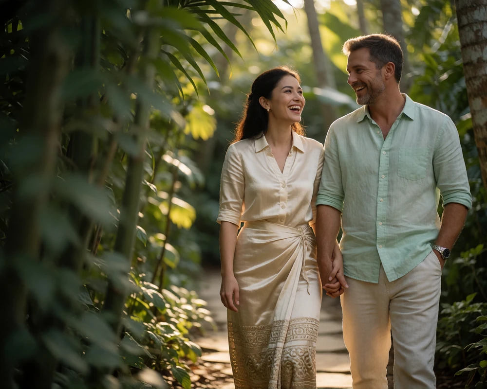 Burmese woman and Western man walking together along a shaded garden path sharing a relaxed laugh