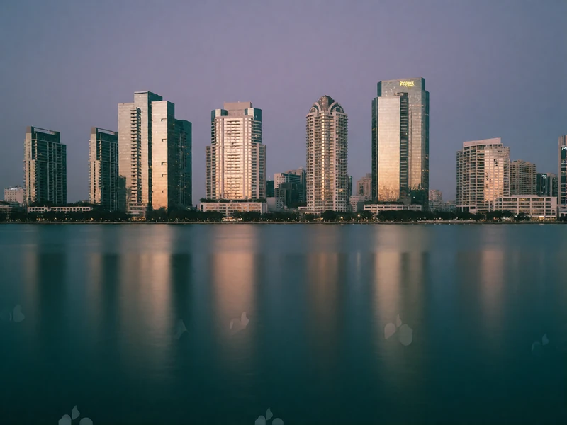 Modern waterfront skyline of glass towers reflected in calm water at blue hour