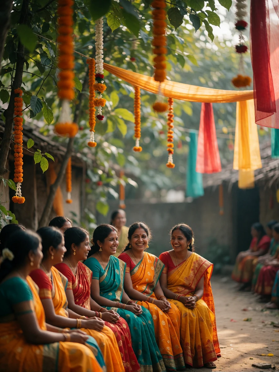 Bangladeshi women in colourful traditional saris sharing a joyful festival moment in a leafy village courtyard
