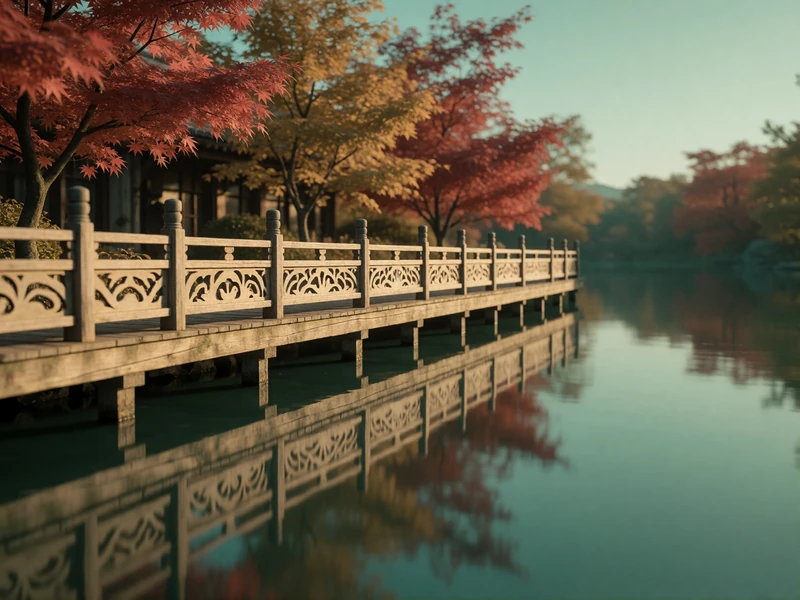 Long wooden riverside terrace with carved railings mirrored in still water beside autumn maples