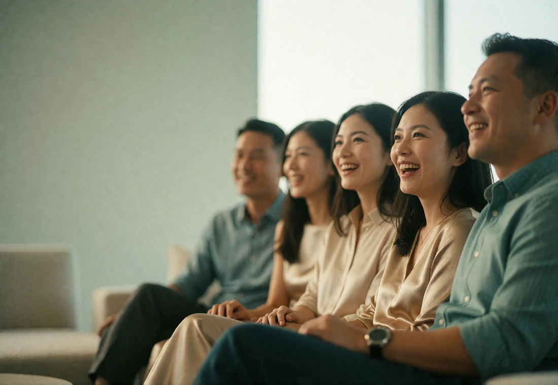 Relaxed group of friends including two Asian women laughing together on a sofa in a bright modern lounge