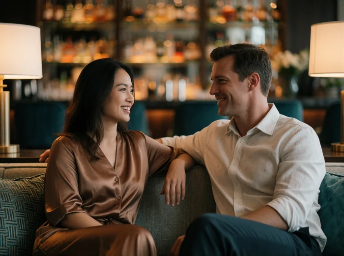 Singaporean woman and Western man seated close together on a lounge sofa in an upscale hotel bar