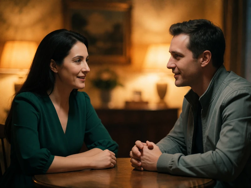 Turkmen woman in a deep green dress and a Western man in mid-conversation across a small dinner table