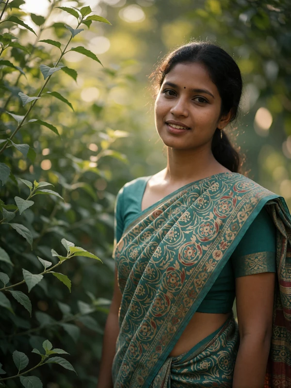 Bangladeshi woman in a patterned sari smiling among soft green garden foliage