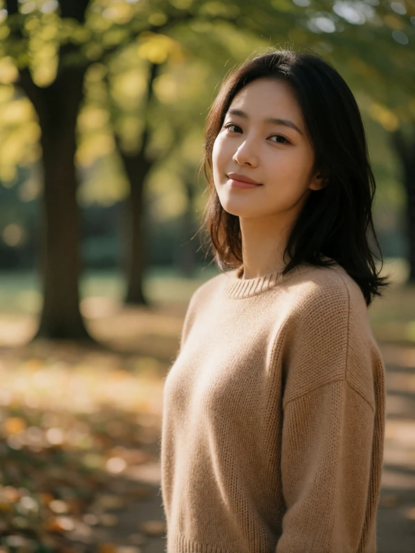 Korean woman in a light knit sweater smiling among softly blurred autumn trees