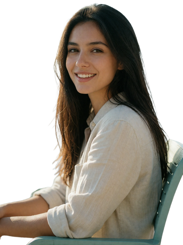 Armenian woman in a light linen shirt smiling brightly on a sunlit terrace