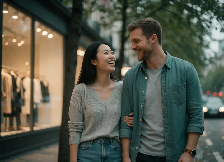 Asian woman and Western man laughing together while walking along a quiet tree-lined city street