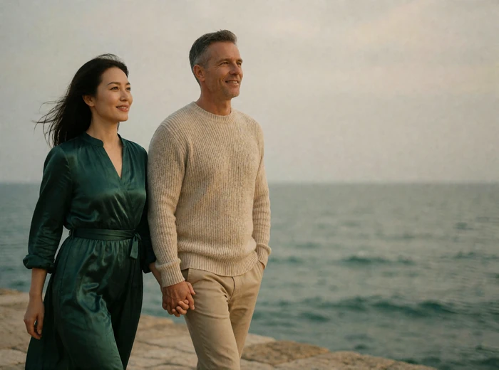Chinese woman and Western man walking together along a quiet stone seafront
