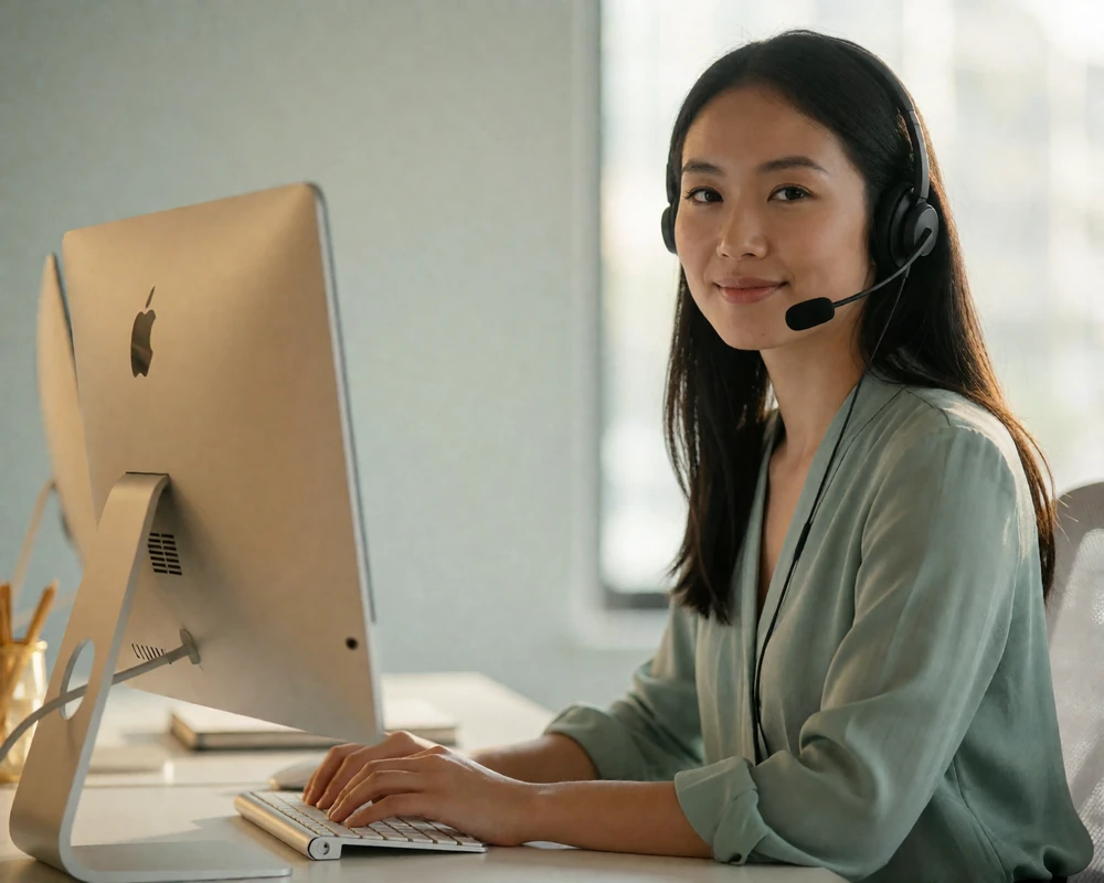 Asian support specialist wearing a headset at a clean desk in a calm professional office