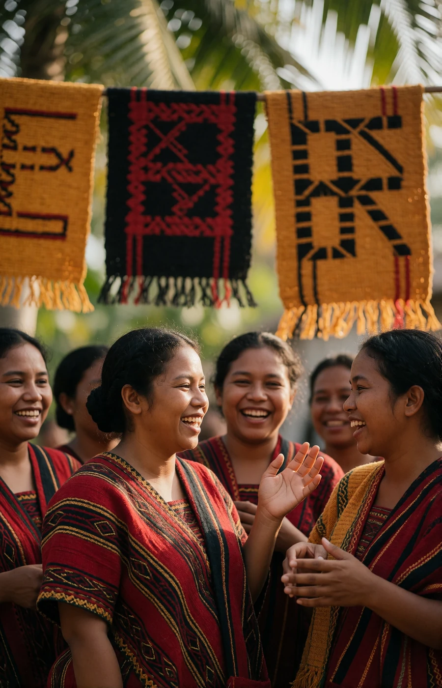 Group of Timorese women in traditional woven textiles laughing together during a community celebration