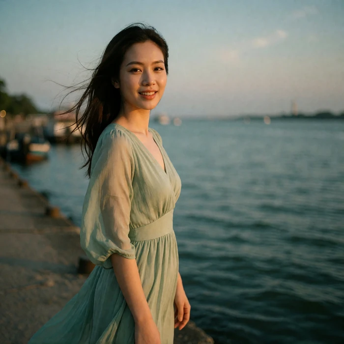 Vietnamese woman in a sage dress standing on a quiet riverside walkway at dusk