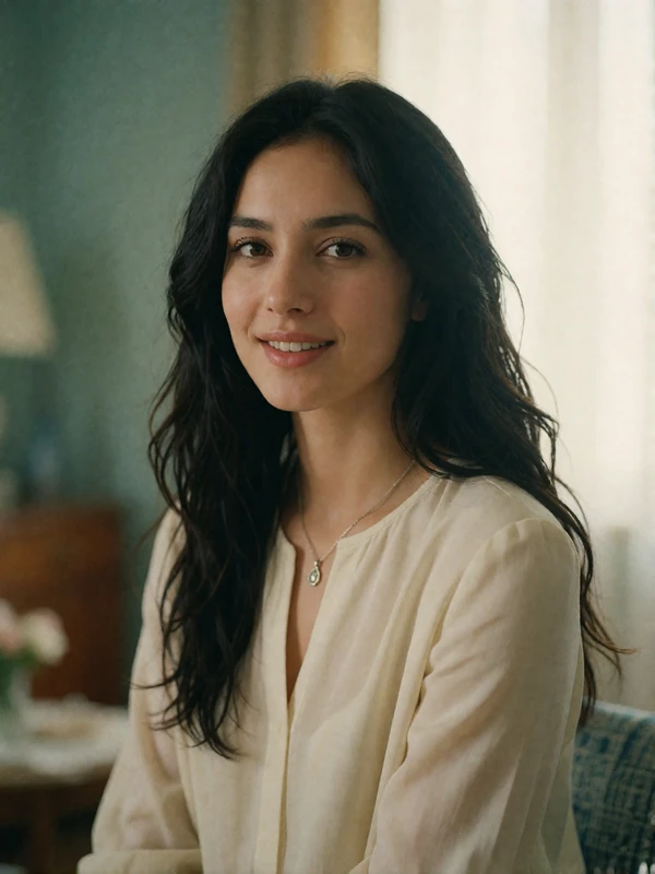 Turkmen woman in a soft cream blouse seated in a bright quiet room, smiling gently
