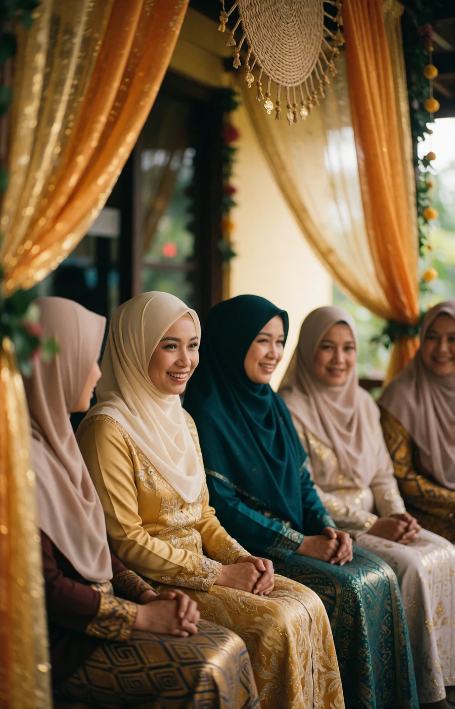 A small group of Bruneian women in traditional festive dress sharing a warm conversation on a decorated veranda