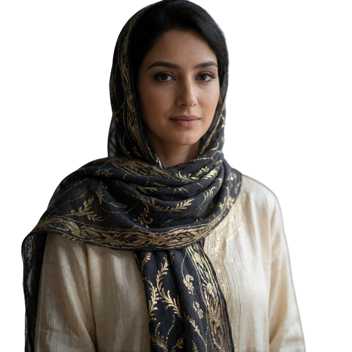 Poised Yemeni woman in a charcoal and gold patterned scarf standing with steady eye contact