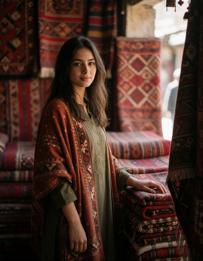Afghan woman in her late twenties in an olive tunic beside stacked handwoven textiles in a market