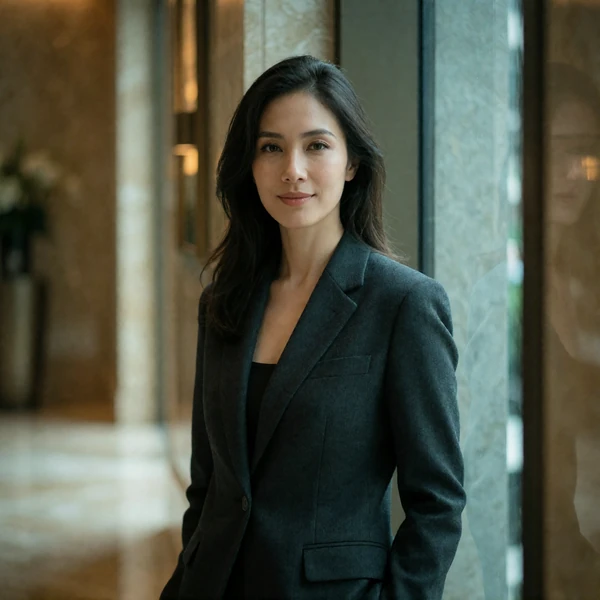 Singaporean woman in a charcoal blazer standing beside a window in a polished modern office space