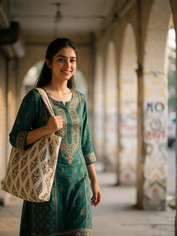 Pakistani woman in a modest patterned kameez walking along a quiet covered arcade in morning light