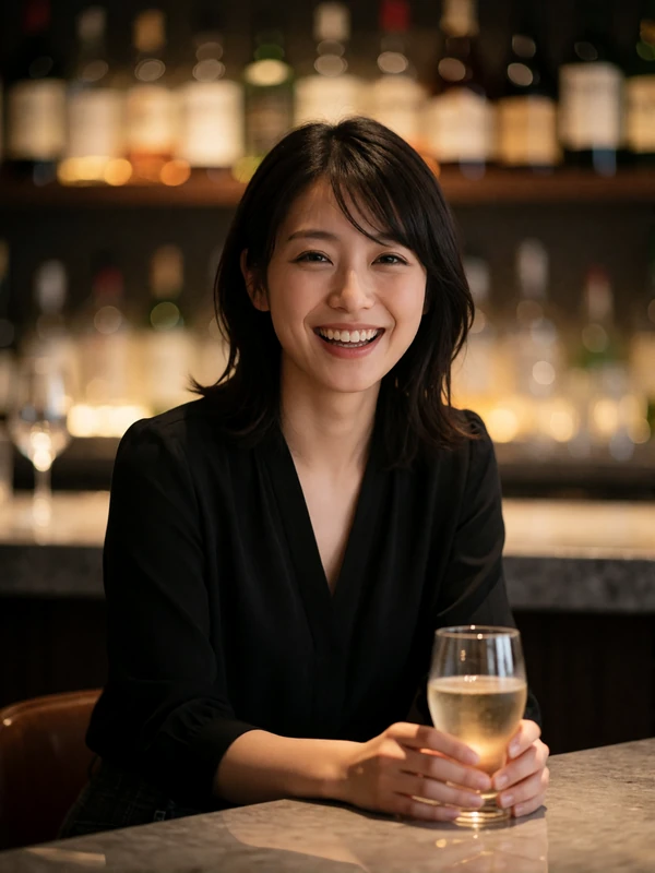 Japanese woman in a black blouse seated at a softly lit counter bar in Osaka, laughing gently