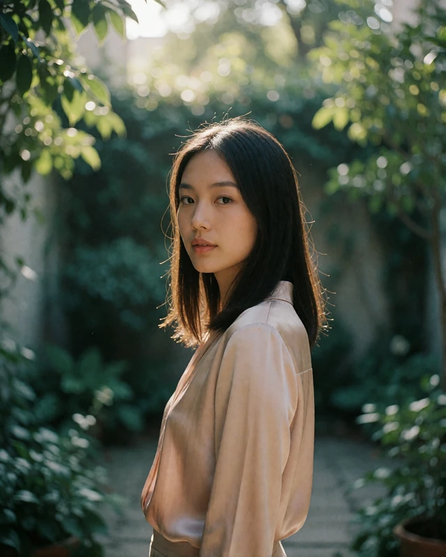 Asian woman in a blush blouse looking over her shoulder in a green garden courtyard, an example of a verified member photo