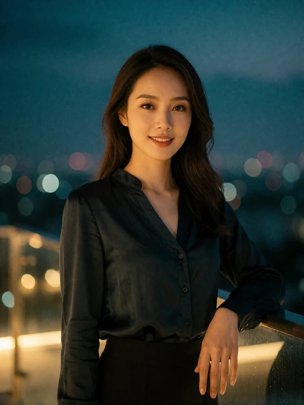 Vietnamese woman in an elegant dark blouse on a terrace at blue hour