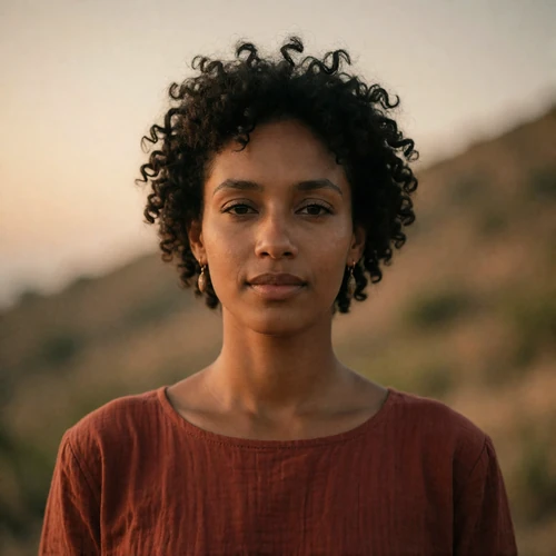 Timorese woman in her early thirties with curly hair and a rust-toned top, calm friendly expression