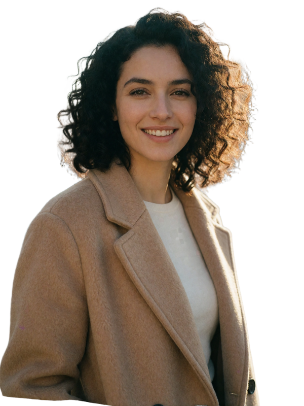 Armenian woman in a camel wool coat smiling naturally on a sunlit city street