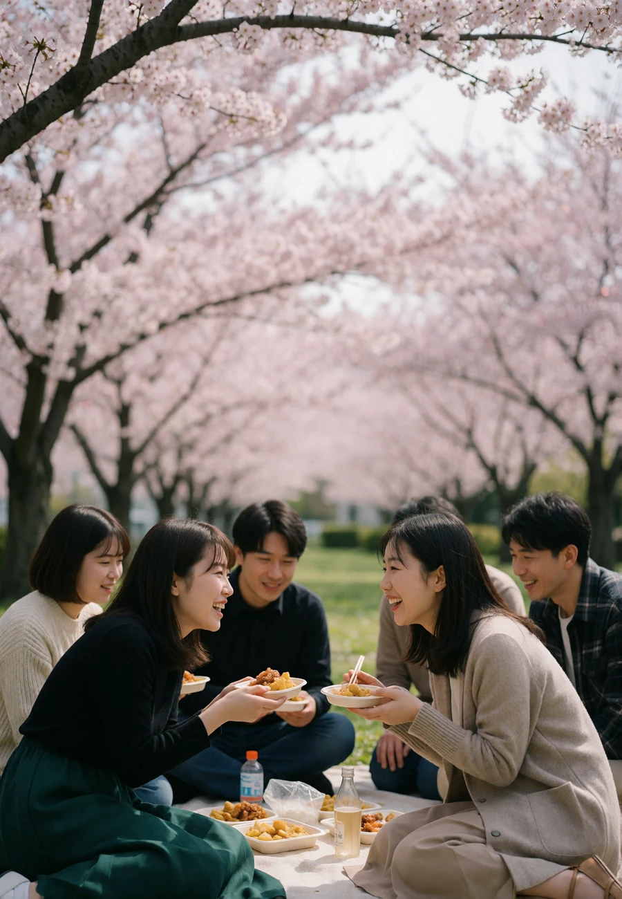 Japanese friends and family sharing a springtime picnic beneath blossoming trees in a public park