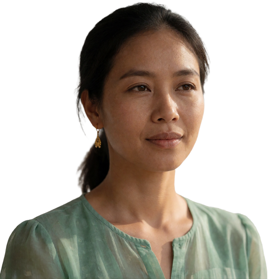 Laotian woman around thirty in a jade-green blouse looking thoughtfully off-camera in soft daylight
