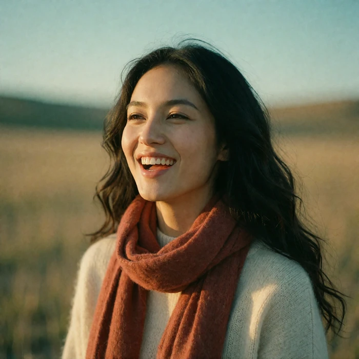 Kazakh woman with wavy dark hair laughing softly outdoors at golden hour