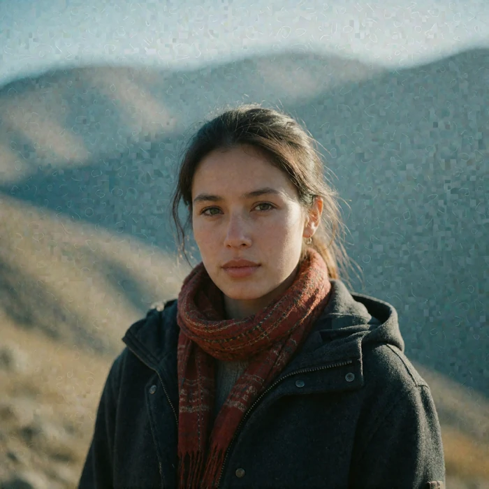 Kyrgyz woman around twenty-eight standing outdoors with a calm, steady expression in crisp mountain daylight
