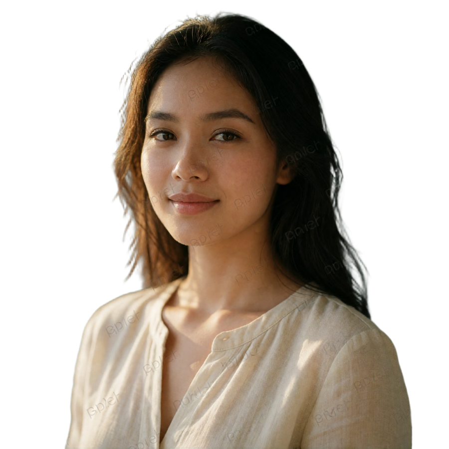 Elegant Malaysian woman in her early thirties in a sand-toned silk blouse, smiling warmly in natural window light, a verified EasternSingles member